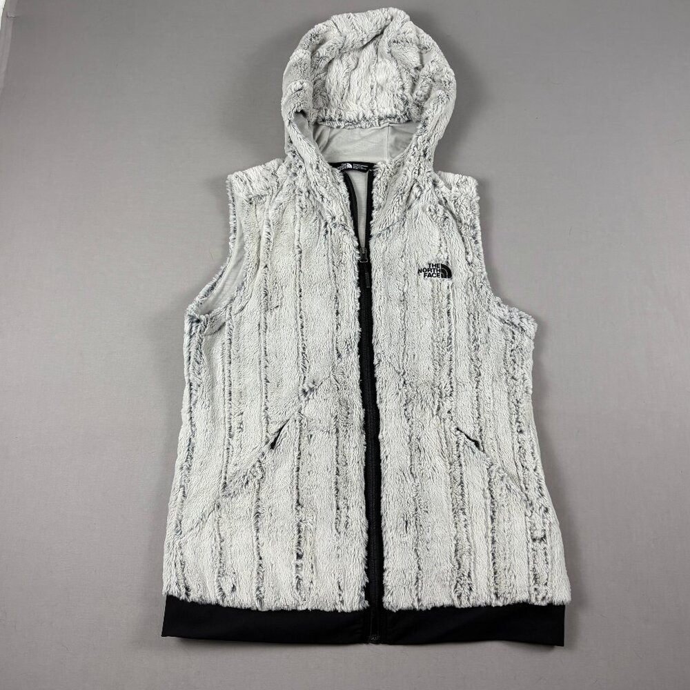 The North Face Women Fuzzy Fleece Hooded Vest Gray Medium Full Zip Cozy